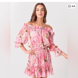 Misa Los Angeles small watercolor pink off the shoulder mini dress